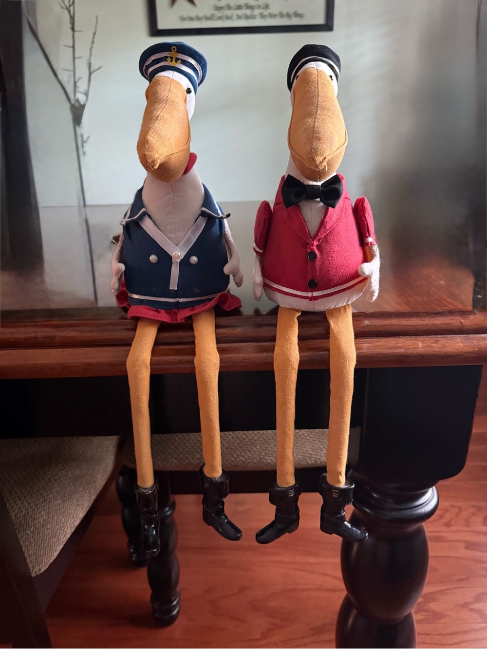 Plush Nautical Pelicans Shelf Sitter in Navy & Red - Decorative Pair